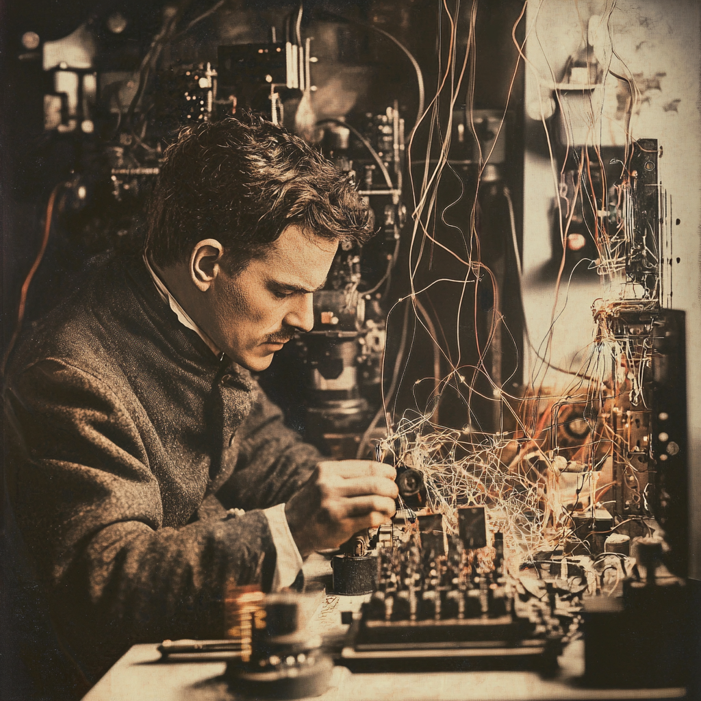 Ham Radio Gizmos Homepage Visual showing an inventor in late 1800 or early 1900s working on wiring and surrounded by rustic radio components, bent over desk in deep concentration